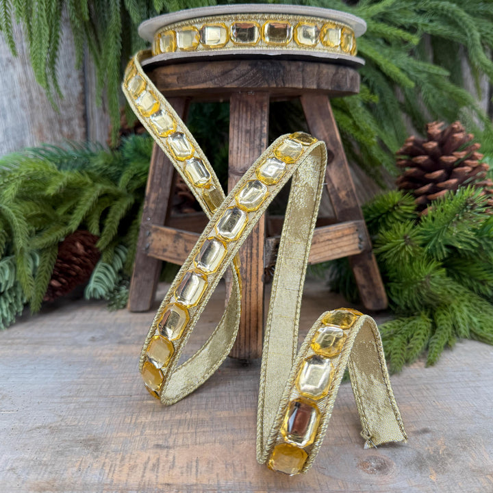 1" Gold Gemstones Ribbon, Gold Emerald Cut Ribbon by Farrisilk