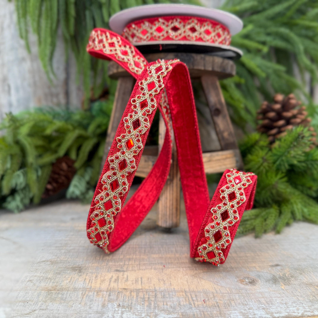 3/4" Red Jeweled Ribbon, Farrisilk Diamond Light Ribbon