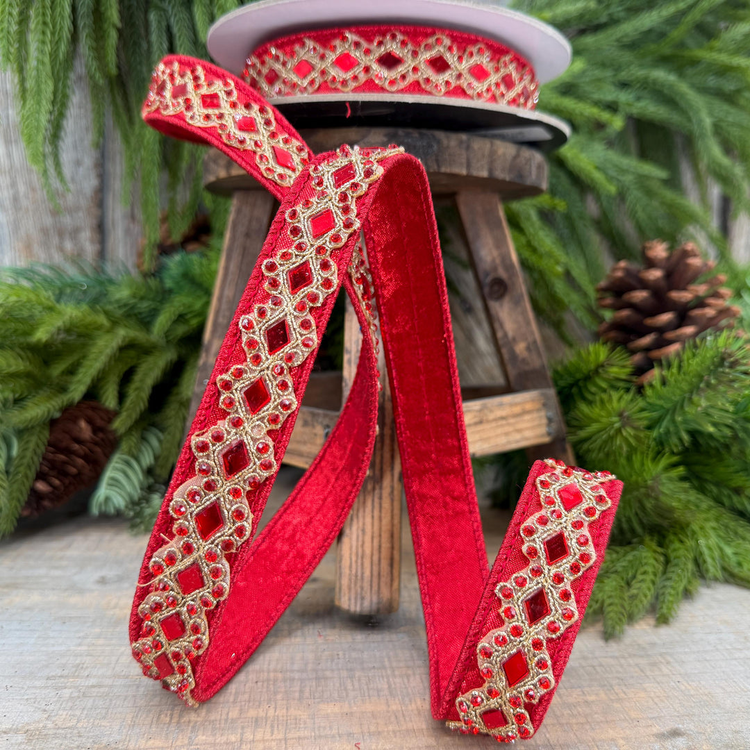 3/4" Red Jeweled Ribbon, Farrisilk Diamond Light Ribbon