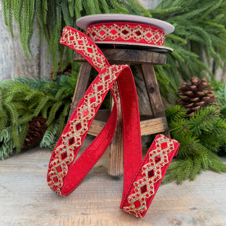 3/4" Red Jeweled Ribbon, Farrisilk Diamond Light Ribbon