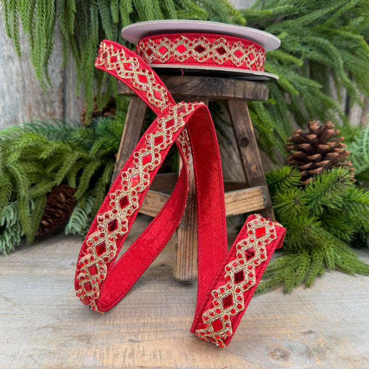 3/4" Red Jeweled Ribbon, Farrisilk Diamond Light Ribbon