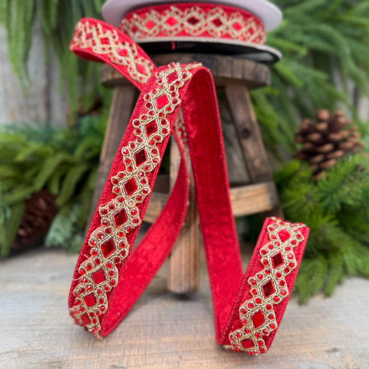 3/4" Red Jeweled Ribbon, Farrisilk Diamond Light Ribbon