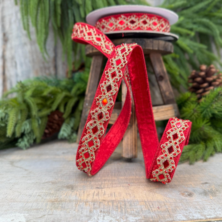 3/4" Red Jeweled Ribbon, Farrisilk Diamond Light Ribbon