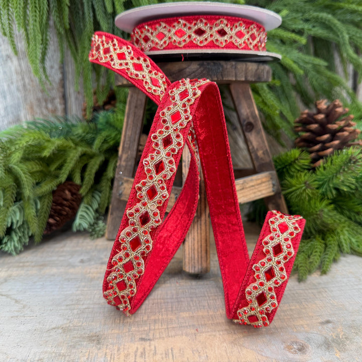 3/4" Red Jeweled Ribbon, Farrisilk Diamond Light Ribbon