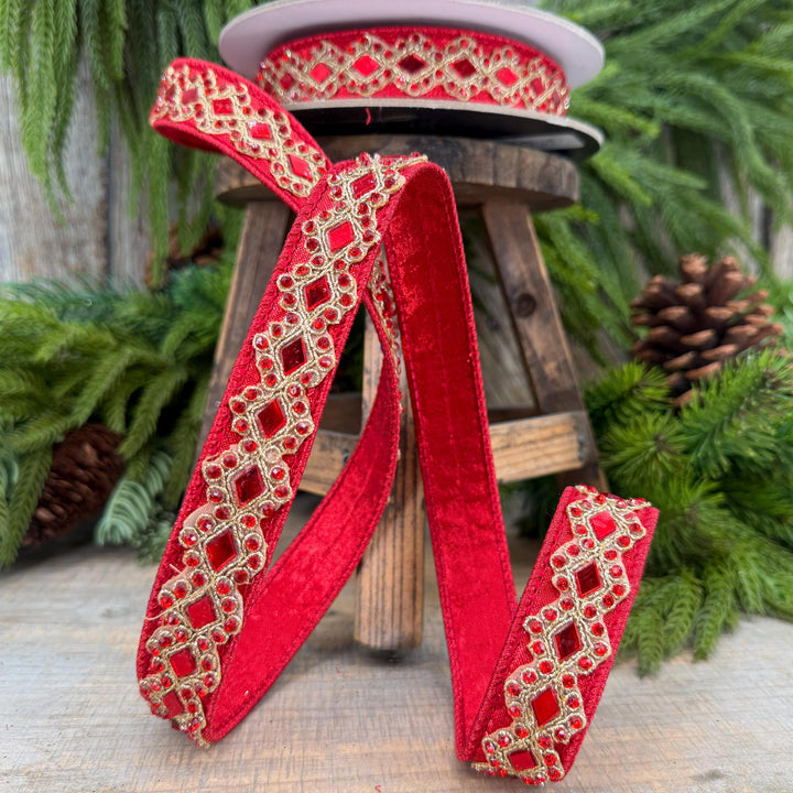 3/4" Red Jeweled Ribbon, Farrisilk Diamond Light Ribbon