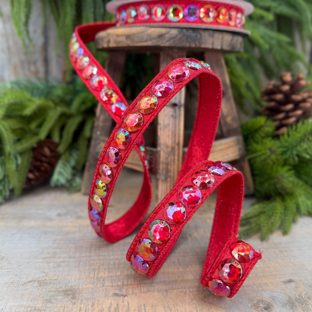3/4" Red Jeweled Ribbon, Farrisilk Red Aurora Gem Ribbon