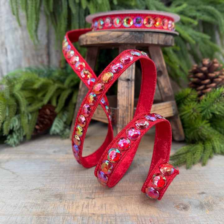 3/4" Red Jeweled Ribbon, Farrisilk Red Aurora Gem Ribbon