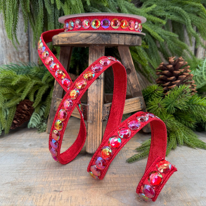 3/4" Red Jeweled Ribbon, Farrisilk Red Aurora Gem Ribbon