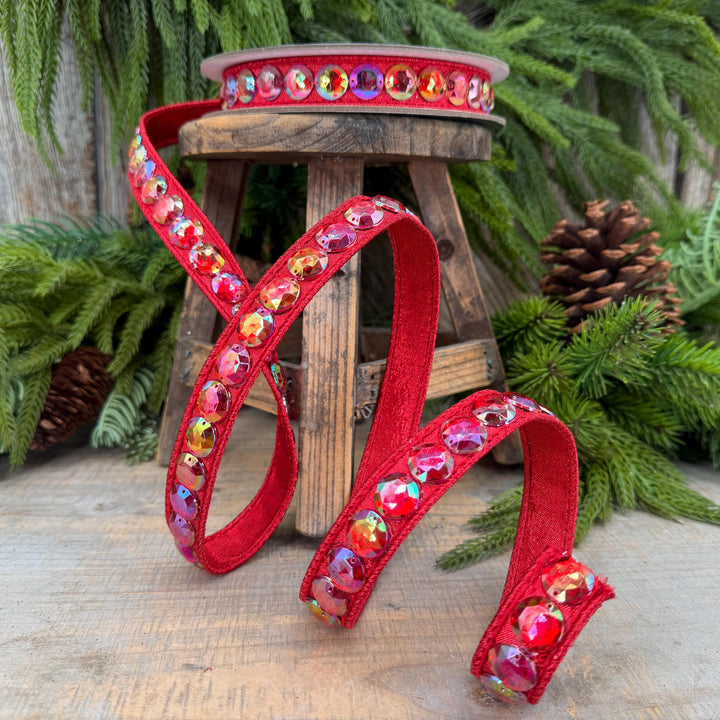 3/4" Red Jeweled Ribbon, Farrisilk Red Aurora Gem Ribbon