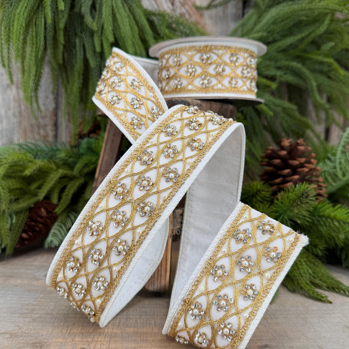 2" Ivory Posh Pearl Wired Ribbon, Farrisilk Pearl Ribbon