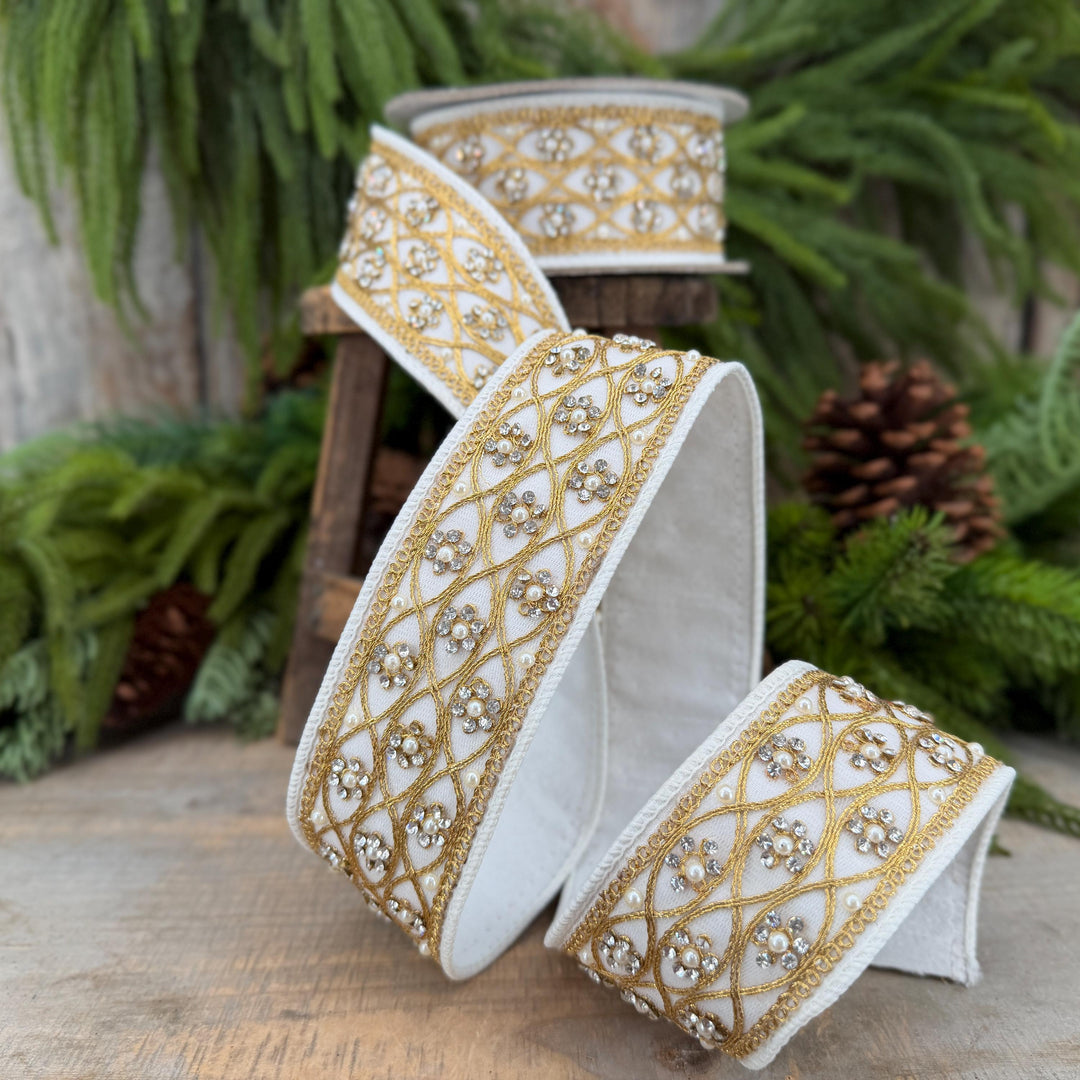 2" Ivory Posh Pearl Wired Ribbon, Farrisilk Pearl Ribbon