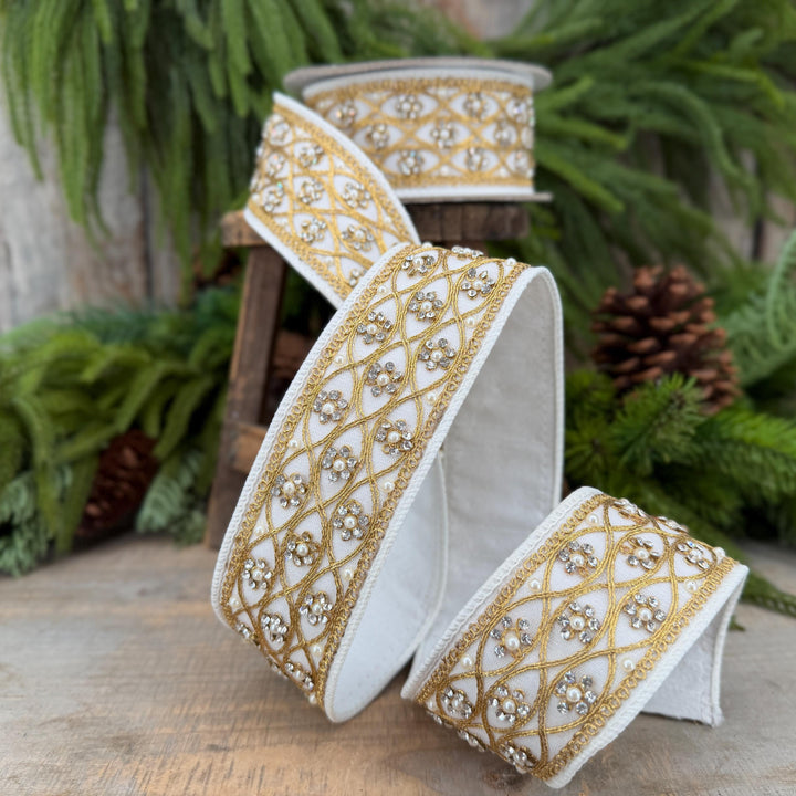 2" Ivory Posh Pearl Wired Ribbon, Farrisilk Pearl Ribbon
