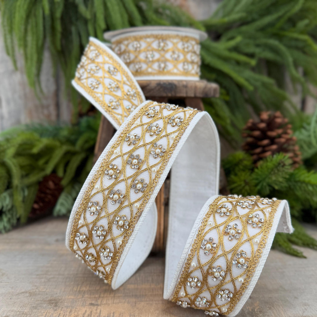 2" Ivory Posh Pearl Wired Ribbon, Farrisilk Pearl Ribbon