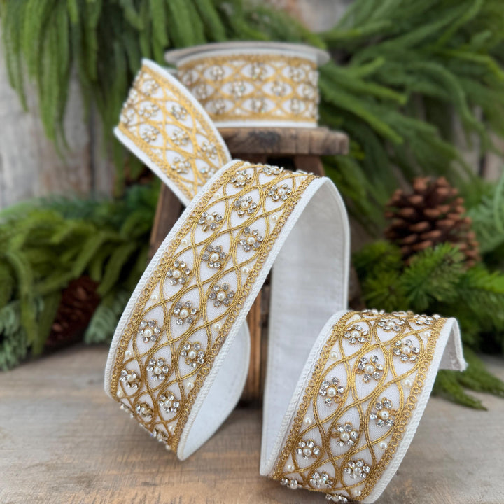 2" Ivory Posh Pearl Wired Ribbon, Farrisilk Pearl Ribbon