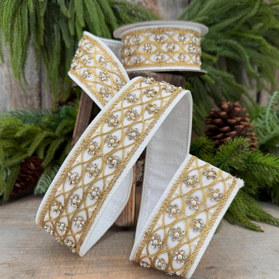 2" Ivory Posh Pearl Wired Ribbon, Farrisilk Pearl Ribbon