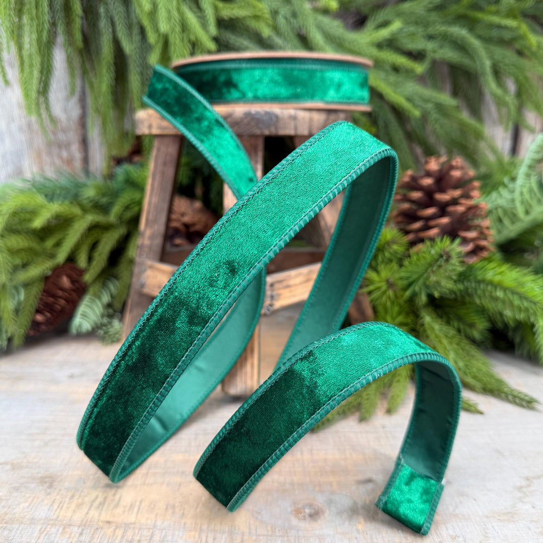 1" Emerald Green Velvet Ribbon, Wired RIbbon, Christmas RIbbon, Designer Ribbon, Ribbon for Christmas Tree