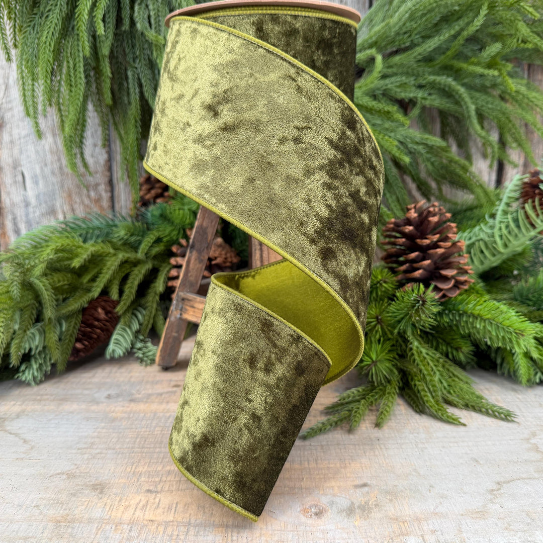4" Moss Green Velvet Ribbon, Wired RIbbon, Christmas RIbbon, Designer Ribbon, Ribbon for Christmas Tree