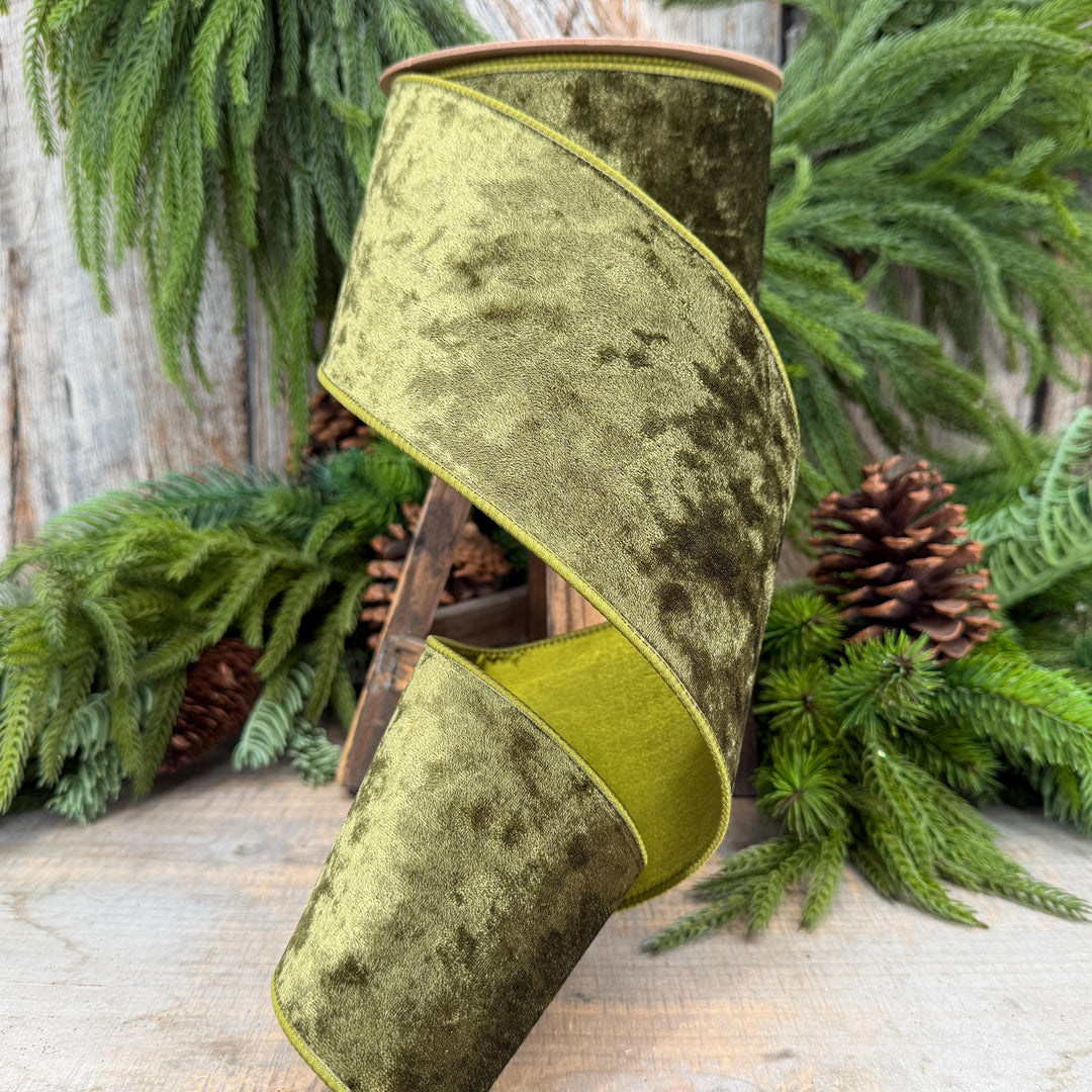 4" Moss Green Velvet Ribbon, Wired RIbbon, Christmas RIbbon, Designer Ribbon, Ribbon for Christmas Tree