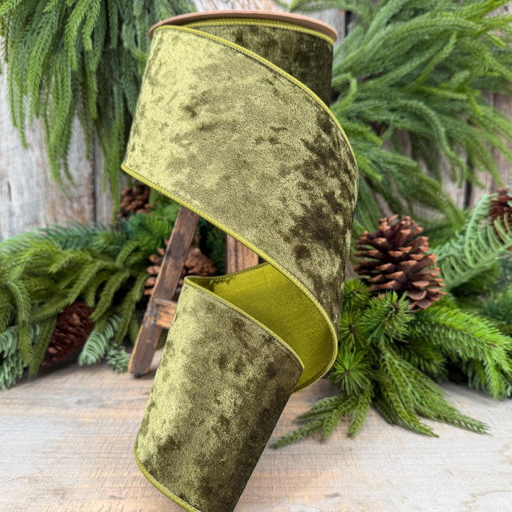 4" Moss Green Velvet Ribbon, Wired RIbbon, Christmas RIbbon, Designer Ribbon, Ribbon for Christmas Tree