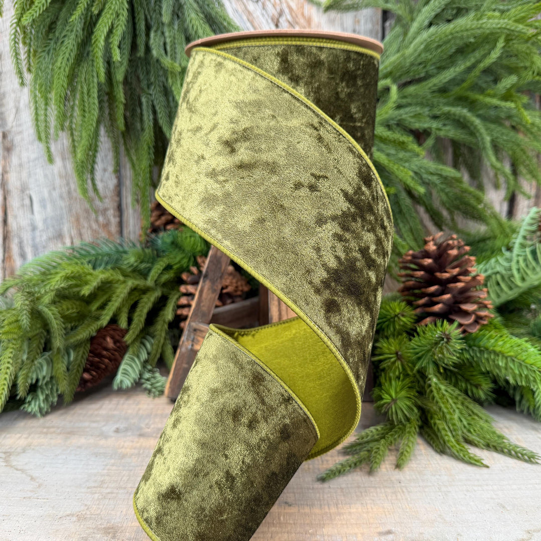 4" Moss Green Velvet Ribbon, Wired RIbbon, Christmas RIbbon, Designer Ribbon, Ribbon for Christmas Tree