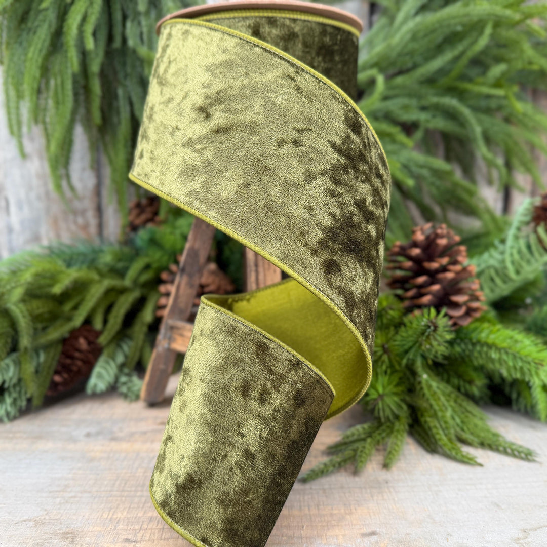4" Moss Green Velvet Ribbon, Wired RIbbon, Christmas RIbbon, Designer Ribbon, Ribbon for Christmas Tree