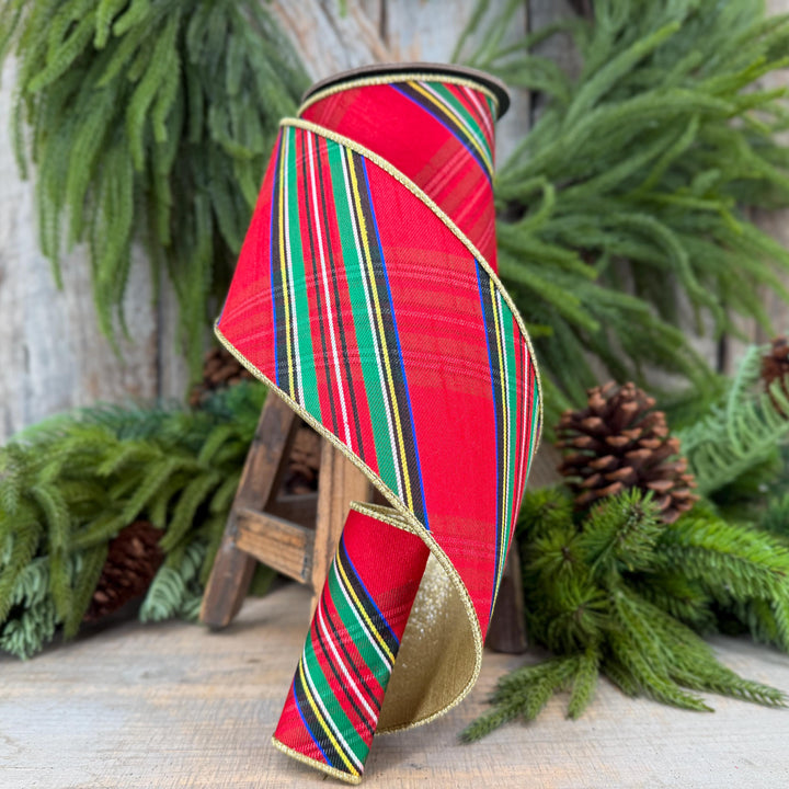 4" Traditional CHristmas Plaid, Wired Ribbon, Red Blue Chirstmas Plaid RIbbon, RIbbon for Treee, Christmas Plaid