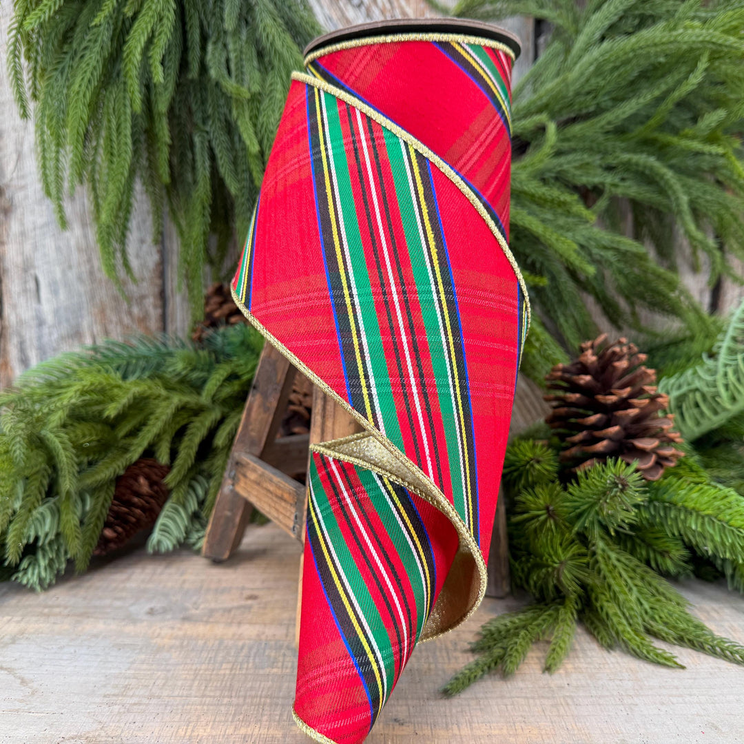 4" Traditional CHristmas Plaid, Wired Ribbon, Red Blue Chirstmas Plaid RIbbon, RIbbon for Treee, Christmas Plaid