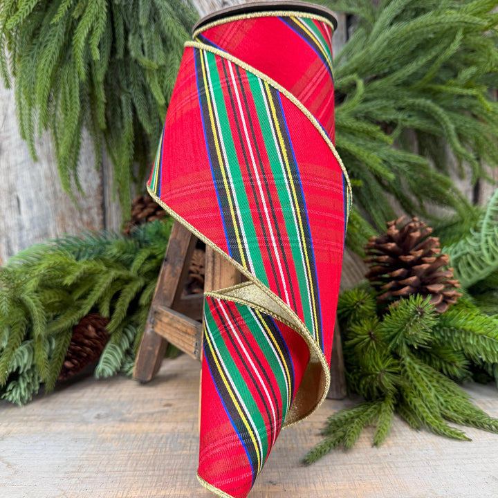 4" Traditional CHristmas Plaid, Wired Ribbon, Red Blue Chirstmas Plaid RIbbon, RIbbon for Treee, Christmas Plaid