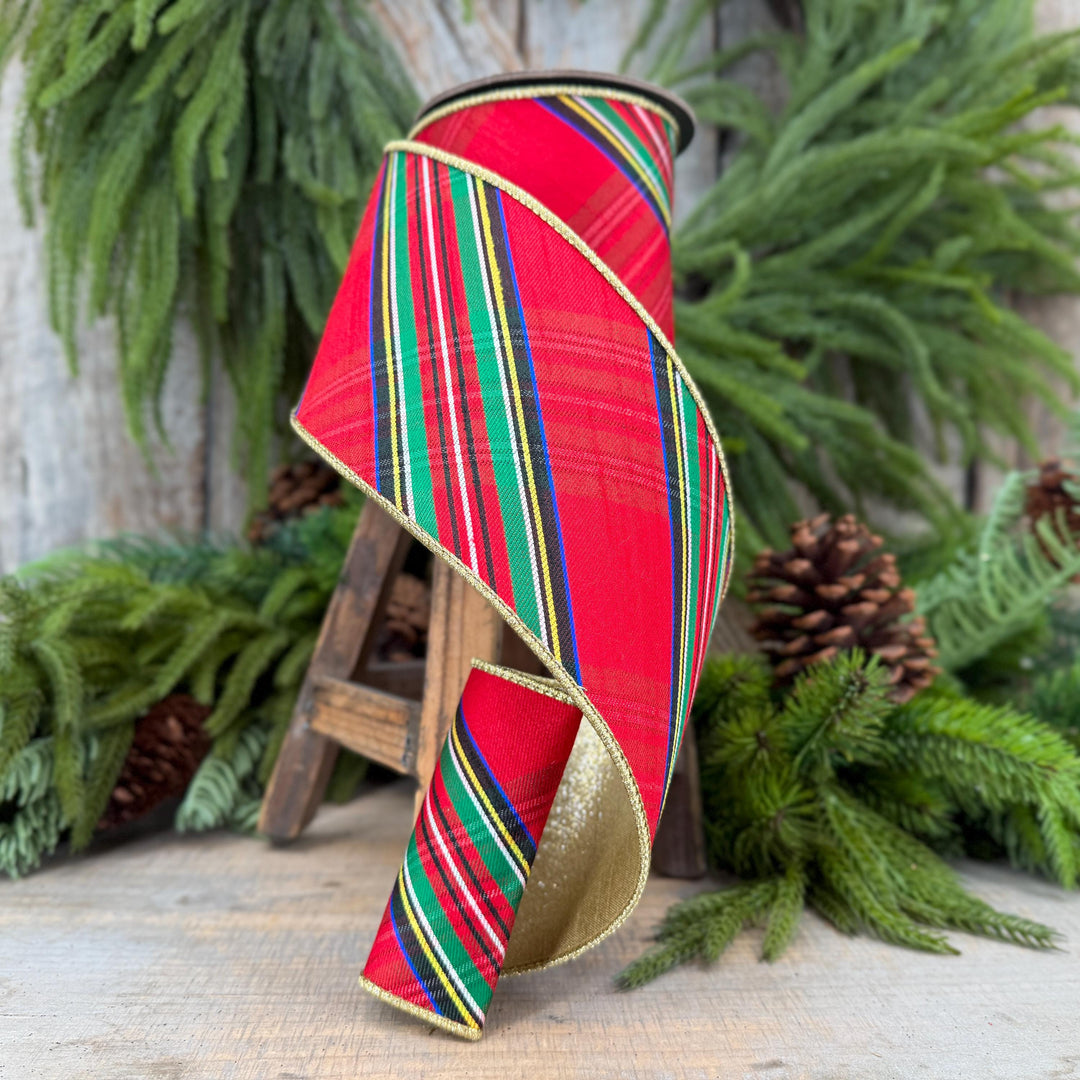 4" Traditional CHristmas Plaid, Wired Ribbon, Red Blue Chirstmas Plaid RIbbon, RIbbon for Treee, Christmas Plaid