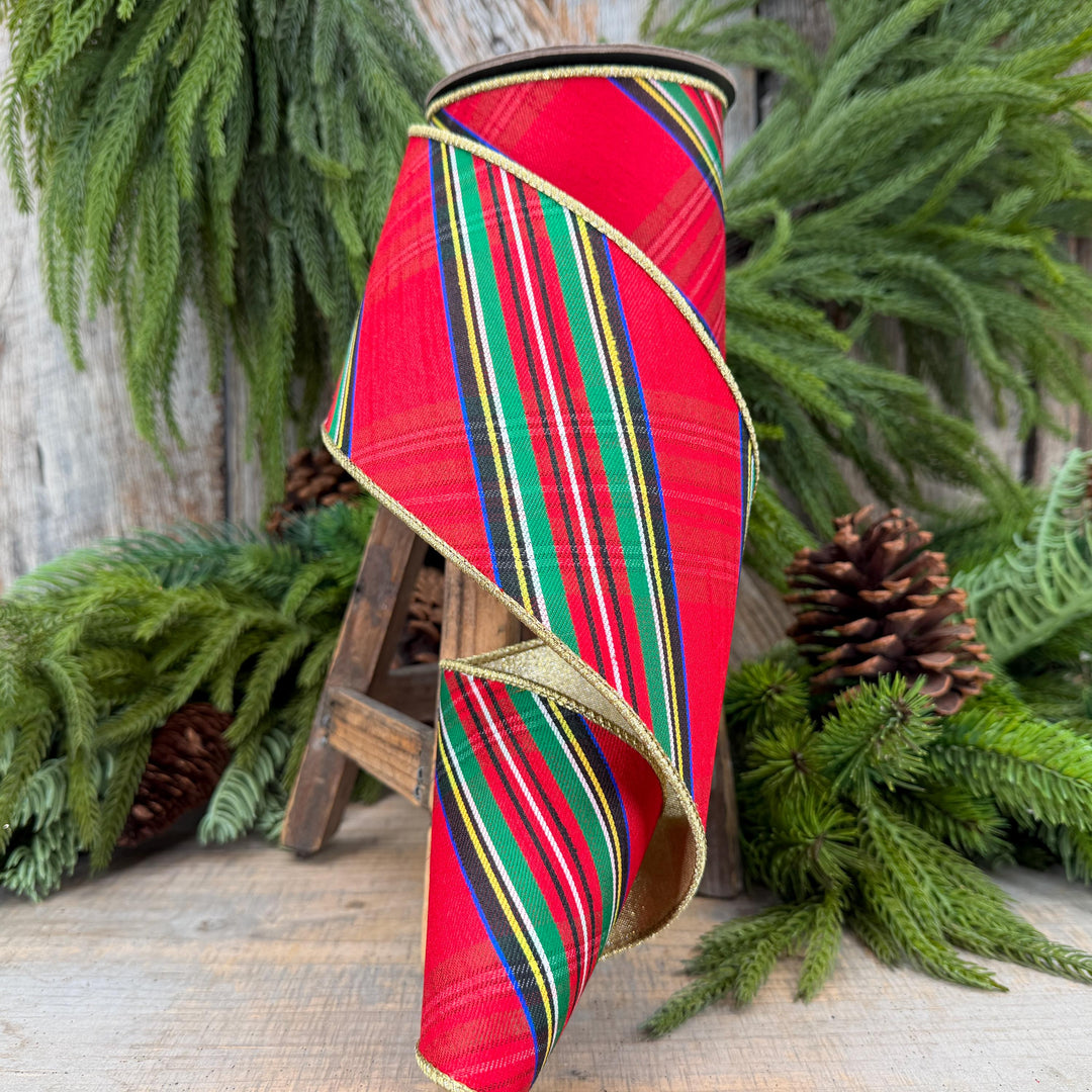 4" Traditional CHristmas Plaid, Wired Ribbon, Red Blue Chirstmas Plaid RIbbon, RIbbon for Treee, Christmas Plaid