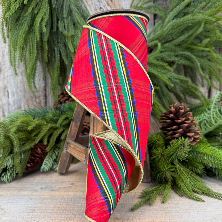 4" Traditional CHristmas Plaid, Wired Ribbon, Red Blue Chirstmas Plaid RIbbon, RIbbon for Treee, Christmas Plaid