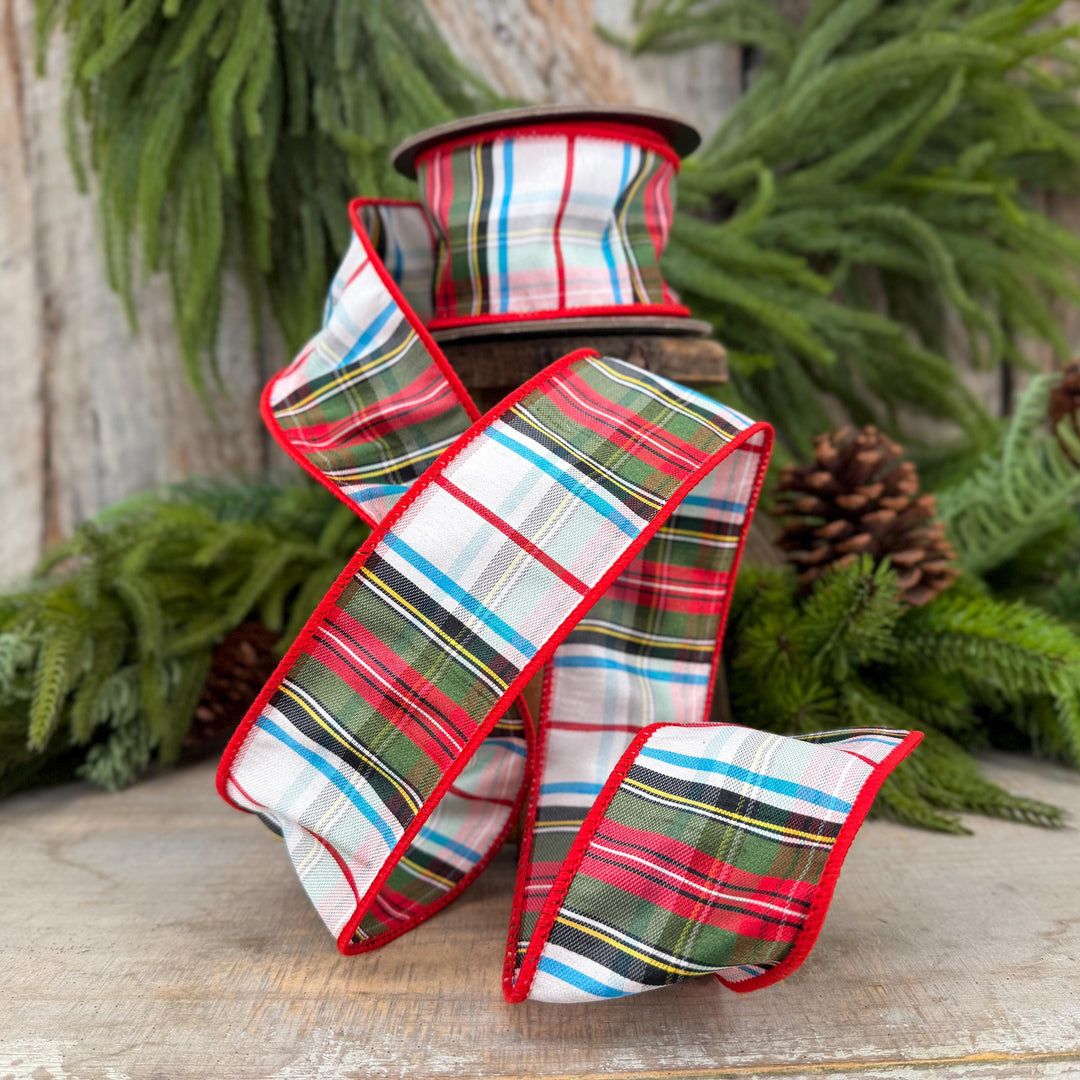 2.5" White Stewart Christmas Plaid Ribbon, Tartan Plaid Ribbon