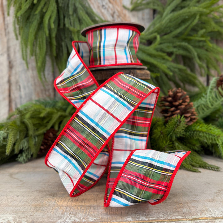 2.5" White Stewart Christmas Plaid Ribbon, Tartan Plaid Ribbon