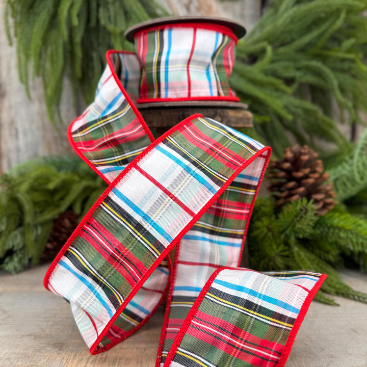 2.5" White Stewart Christmas Plaid Ribbon, Tartan Plaid Ribbon