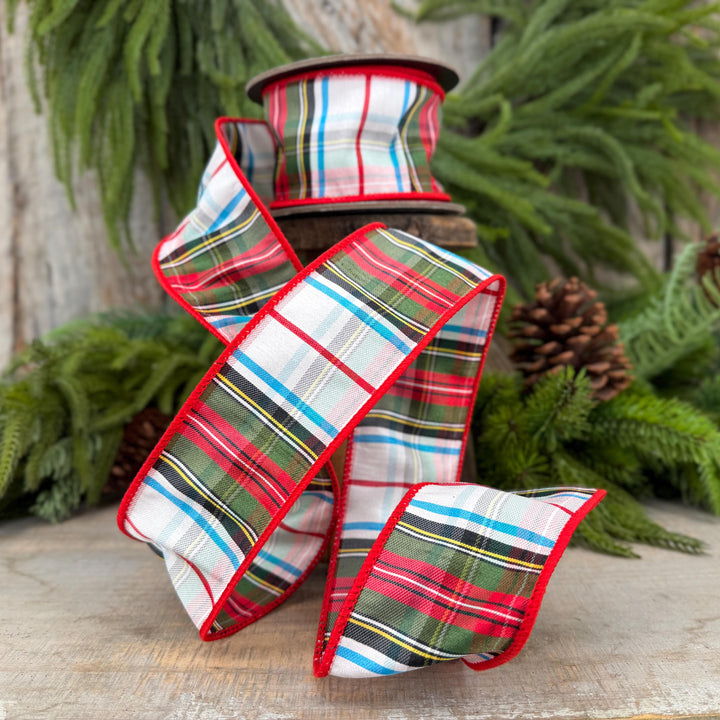 2.5" White Stewart Christmas Plaid Ribbon, Tartan Plaid Ribbon