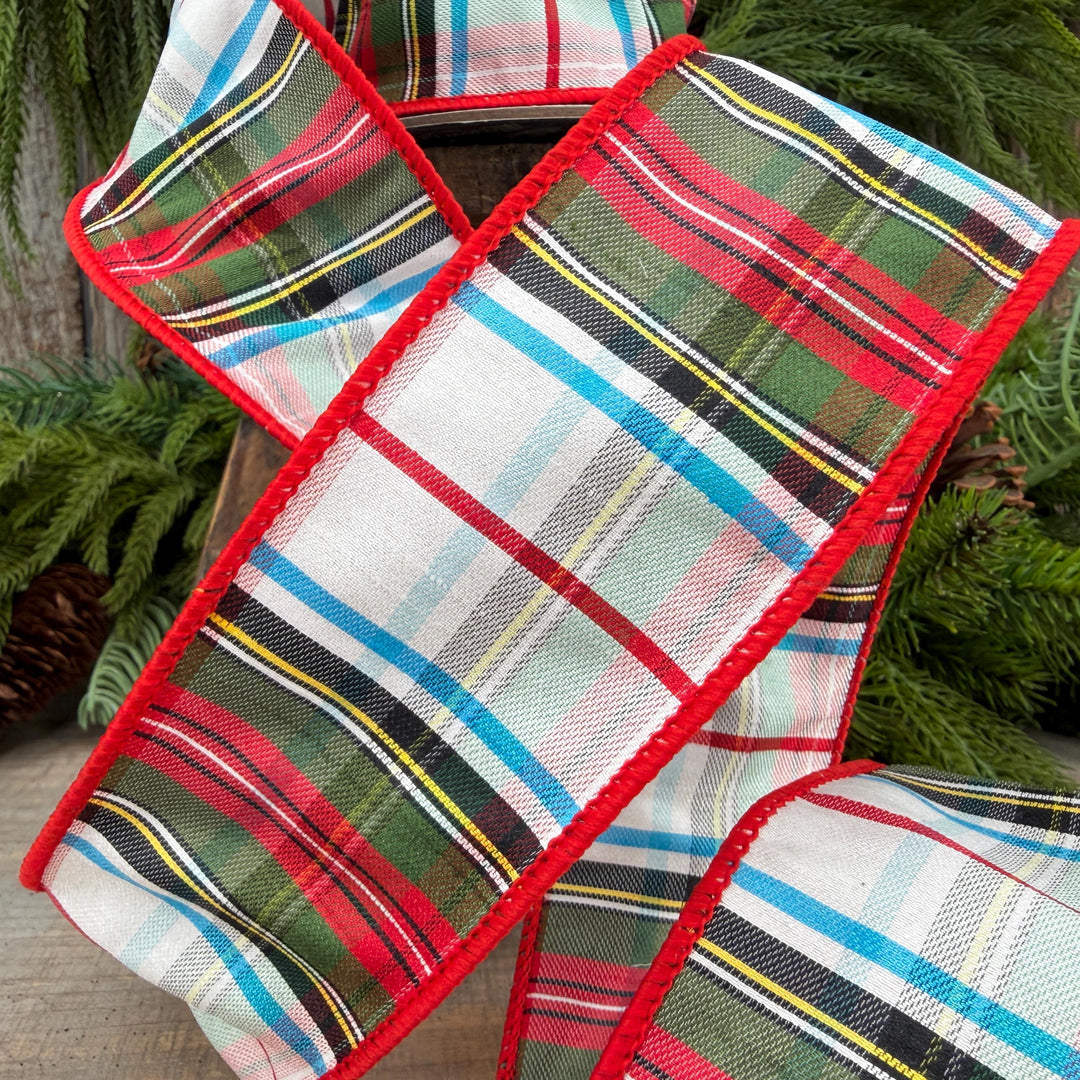 2.5" White Stewart Christmas Plaid Ribbon, Tartan Plaid Ribbon