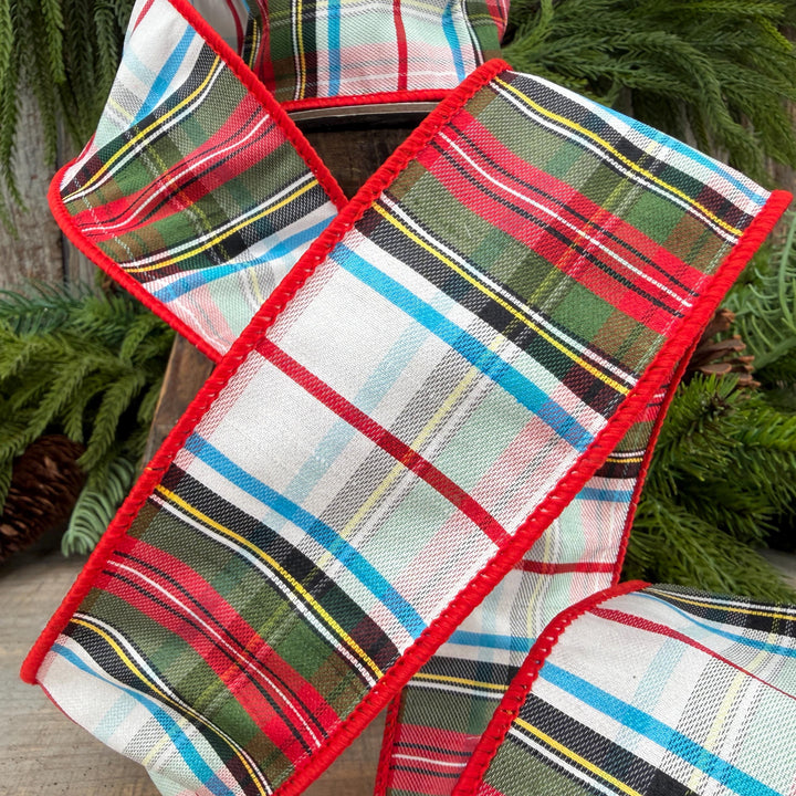 2.5" White Stewart Christmas Plaid Ribbon, Tartan Plaid Ribbon