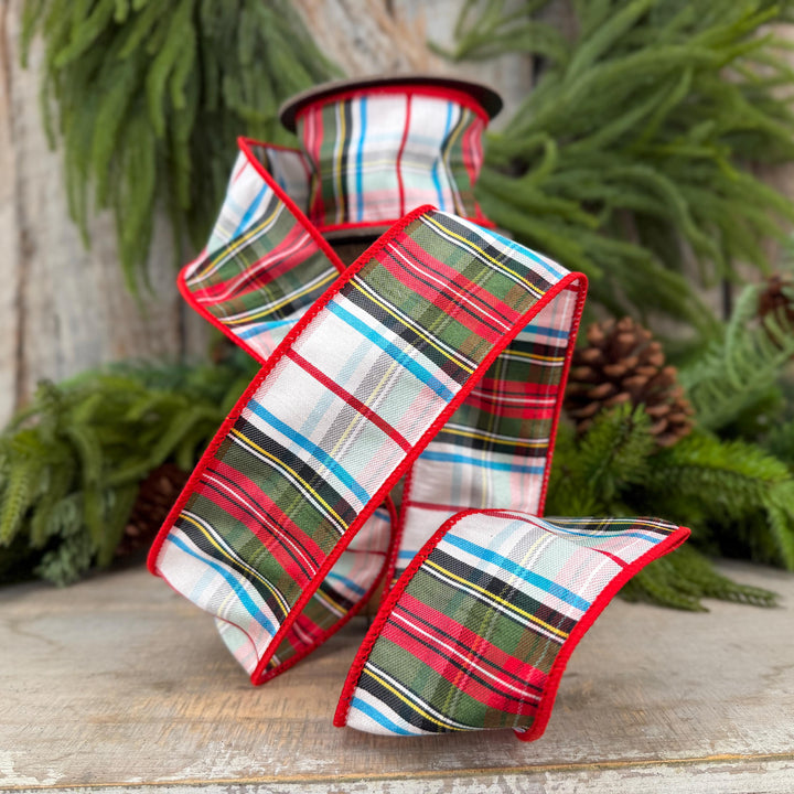 2.5" White Stewart Christmas Plaid Ribbon, Tartan Plaid Ribbon
