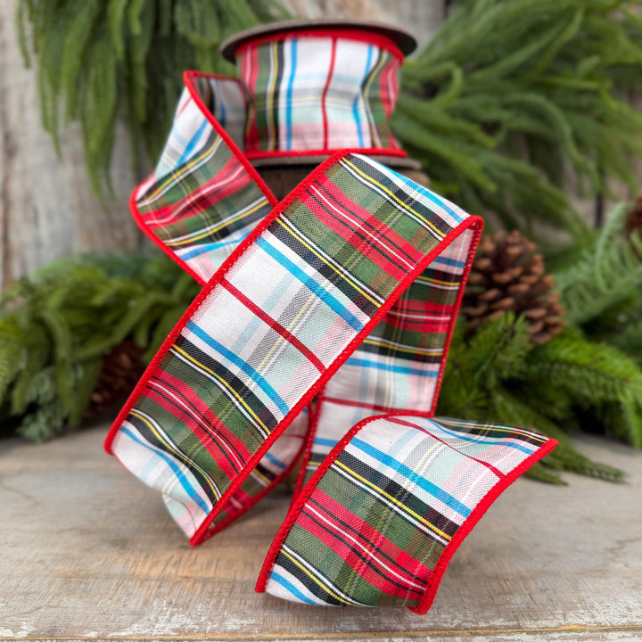 2.5" White Stewart Christmas Plaid Ribbon, Tartan Plaid Ribbon
