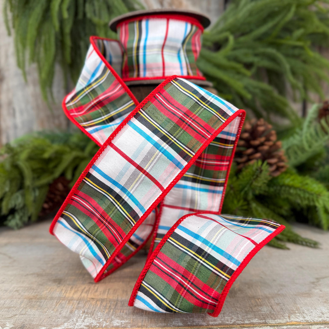 2.5" White Stewart Christmas Plaid Ribbon, Tartan Plaid Ribbon