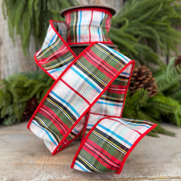 2.5" White Stewart Christmas Plaid Ribbon, Tartan Plaid Ribbon