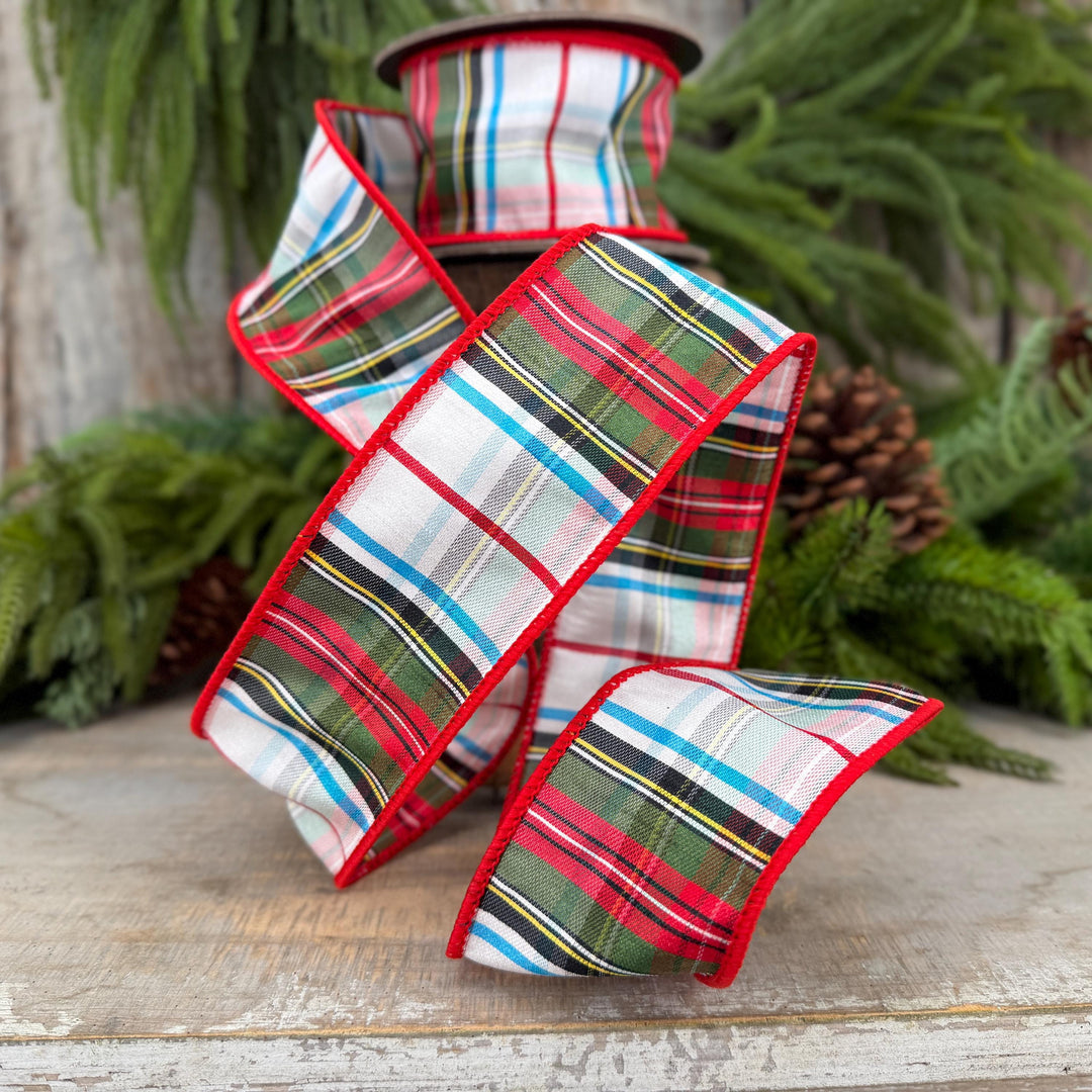 2.5" White Stewart Christmas Plaid Ribbon, Tartan Plaid Ribbon