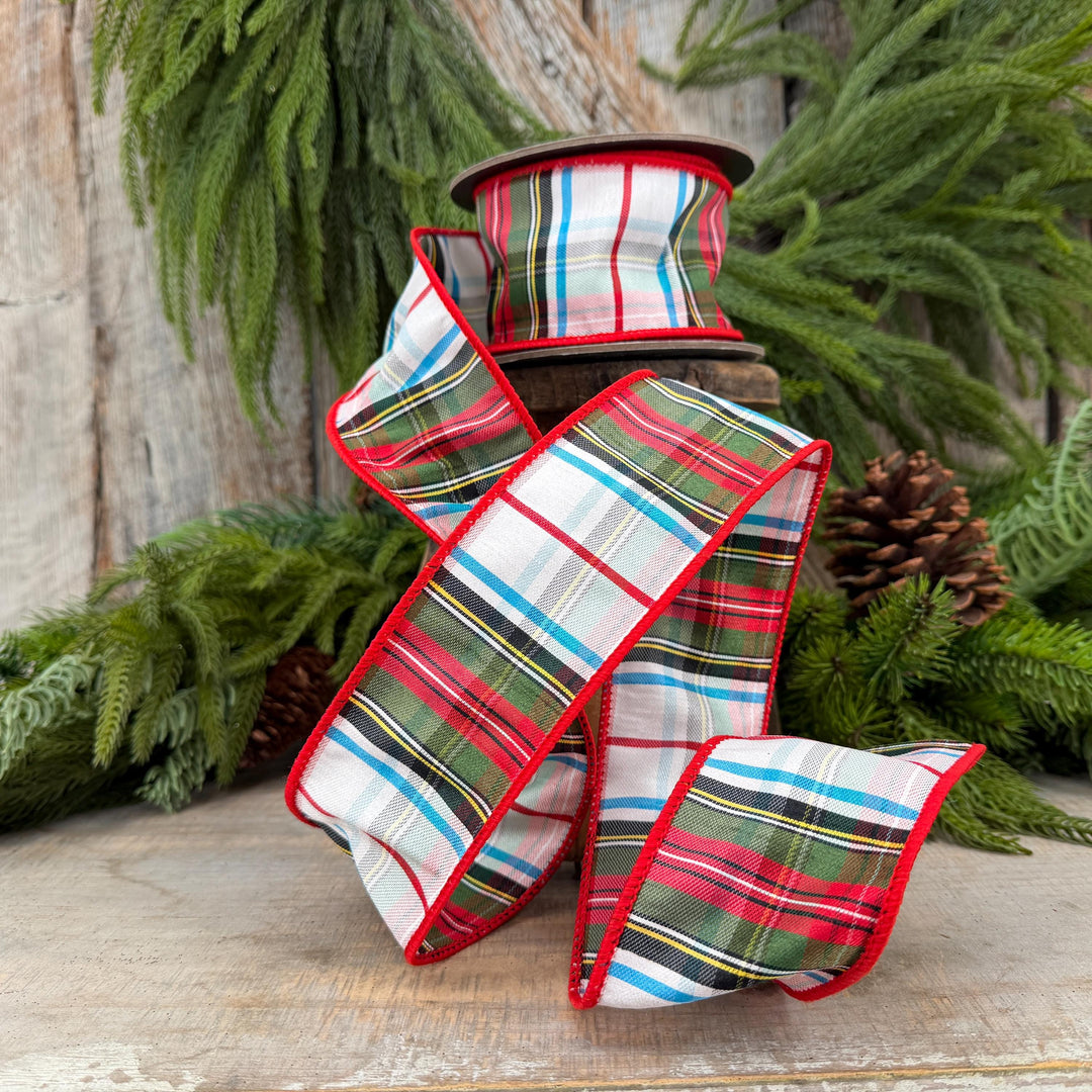 2.5" White Stewart Christmas Plaid Ribbon, Tartan Plaid Ribbon