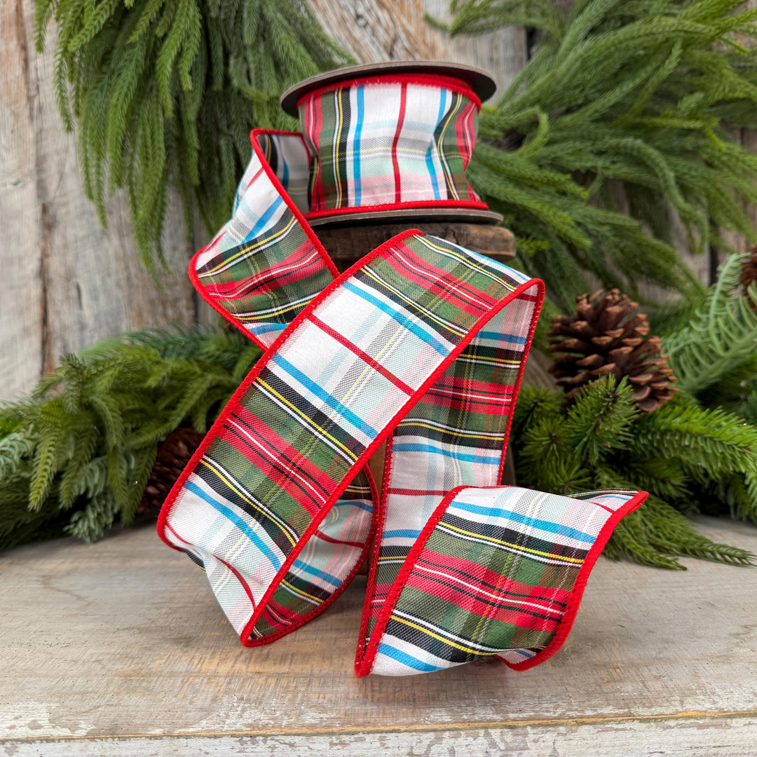 2.5" White Stewart Christmas Plaid Ribbon, Tartan Plaid Ribbon