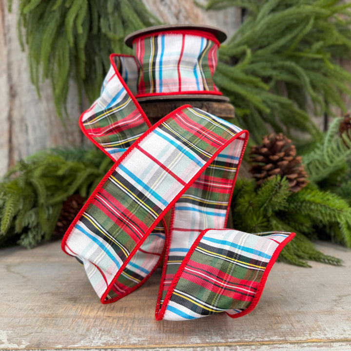 2.5" White Stewart Christmas Plaid Ribbon, Tartan Plaid Ribbon