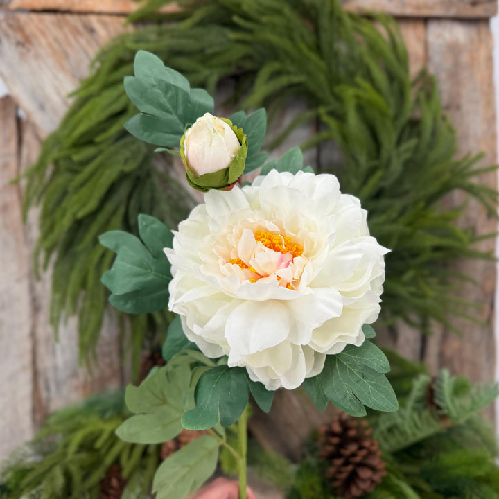 30" Cream White Peony Spray, Artificial Peony Flower Stem with Bud