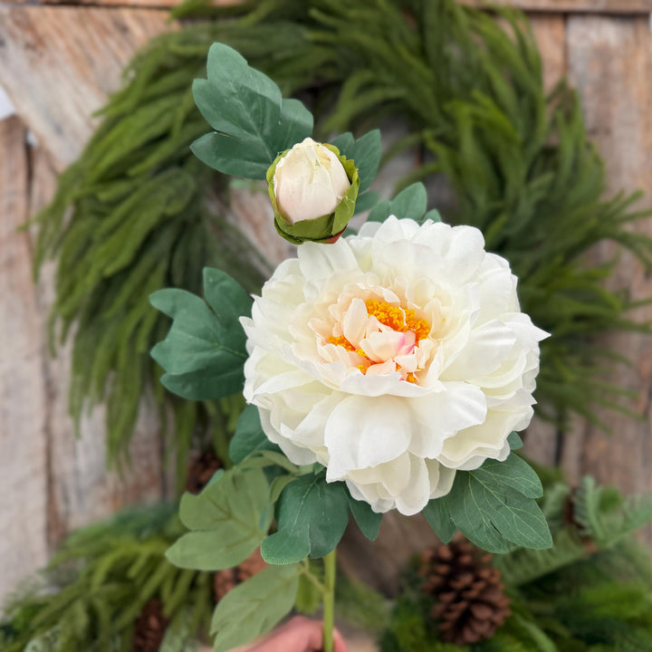 30" Cream White Peony Spray, Artificial Peony Flower Stem with Bud