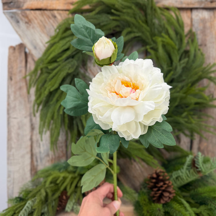 30" Cream White Peony Spray, Artificial Peony Flower Stem with Bud