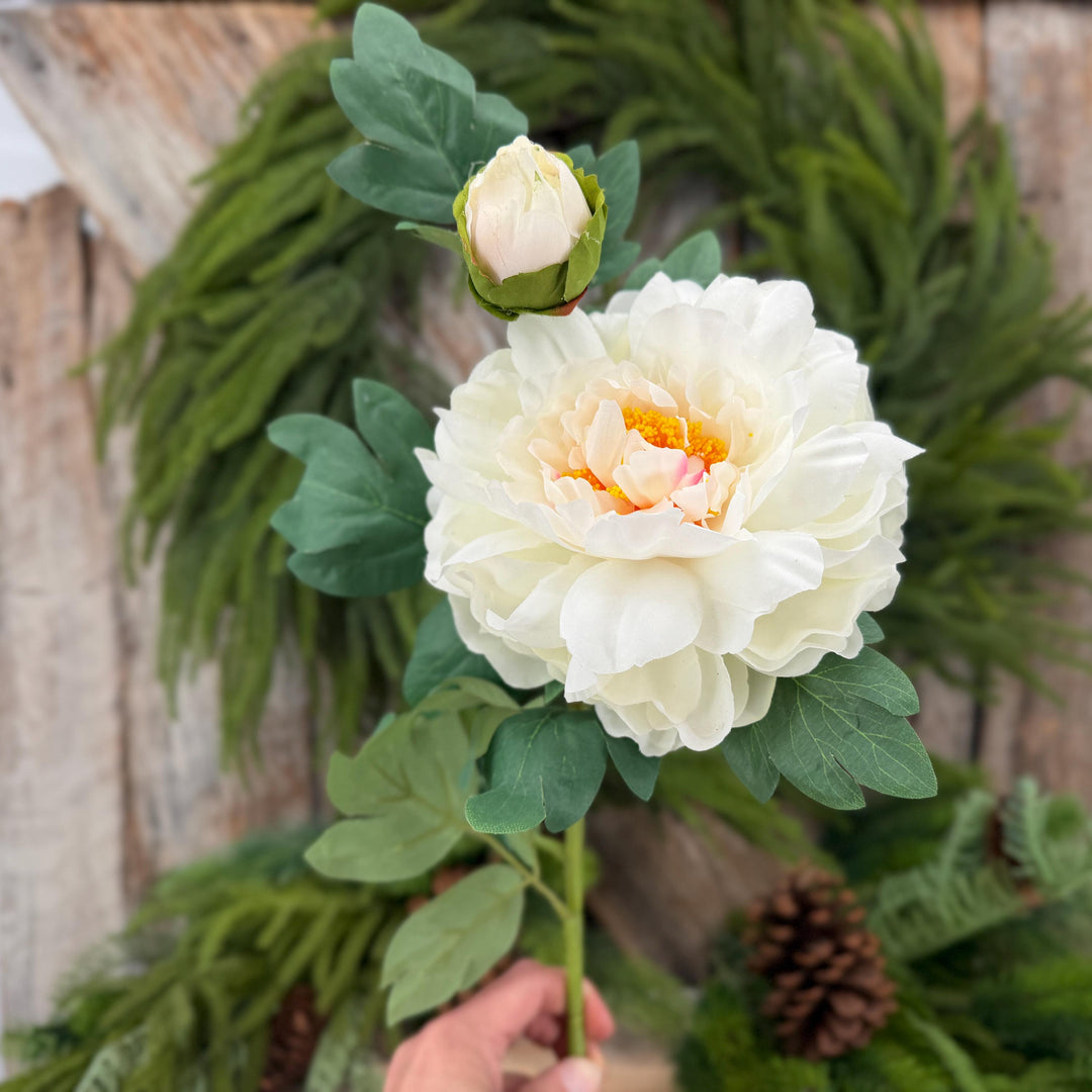 30" Cream White Peony Spray, Artificial Peony Flower Stem with Bud