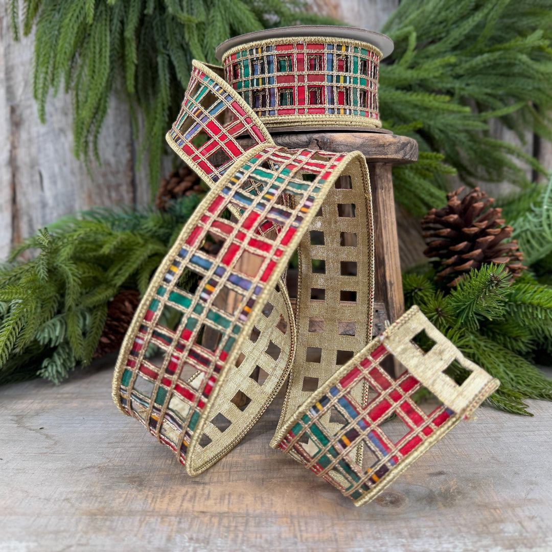 2.5" Traditional Christmas Plaid Ribbon, Farrisilk Ribbon, Window Plaid Ribbon, Traditional Plaid Ribbon, Gold Christmas Plaid, RJ019-32